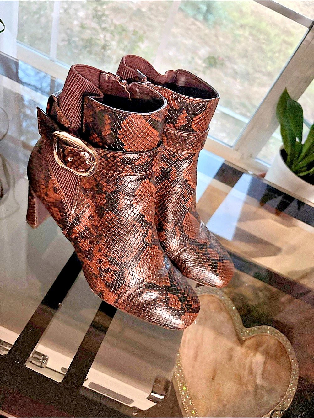Snakeskin Heeled Ankle Boots in Brown Like New